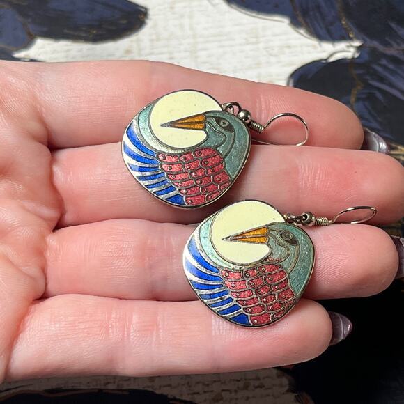 Unsigned Jewelry - Vintage Silver Tone Enamel Cloisonne Bird Earrings
